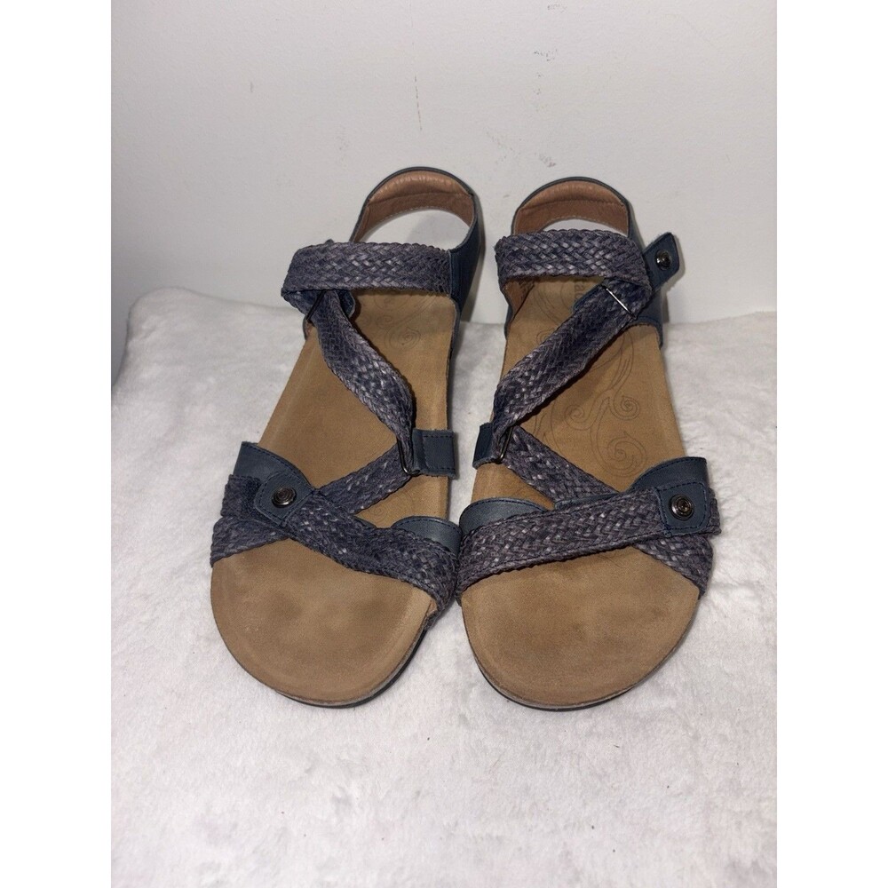 New Taos Trulie Blue-Gray Braided Leather Wedge Sandals Sz 8-8.5